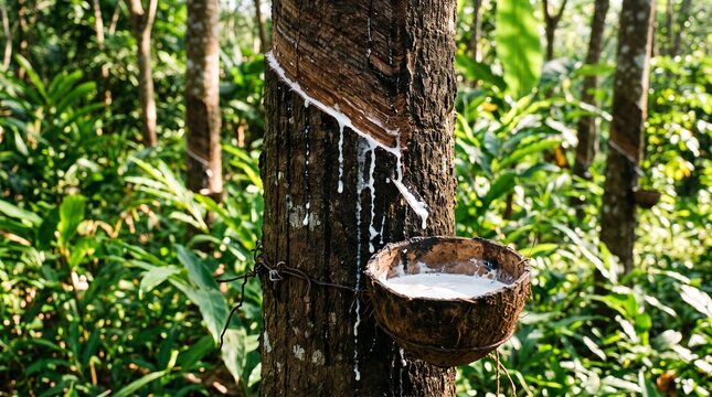 Natural rubber latex tapping from tree into coconut shell bowl