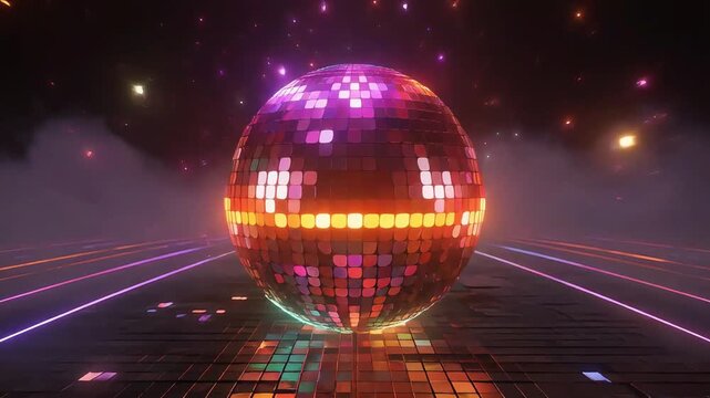 Glowing disco ball spinning over futuristic neon dance floor with flashing colorful lights in video footage