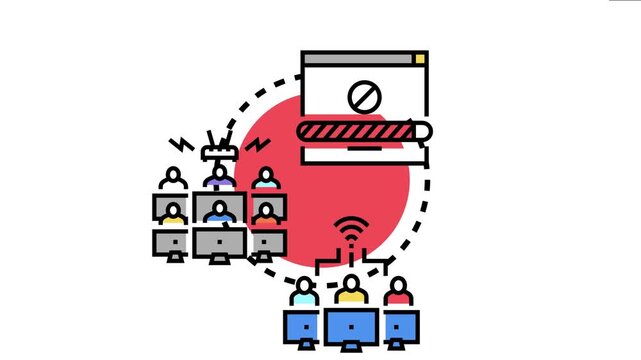 Network status depicting multiple users experiencing connection problems and internet issues, with a central error message highlighting service disruption and communication breakdown