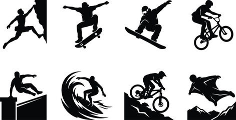 Obraz premium Collection of Extreme Sports Athlete Silhouettes Featuring Surfing Skateboarding Parkour and Snowboarding