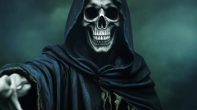 Grim reaper skeleton in dark hooded robe reaching forward creepy video footage animation clip