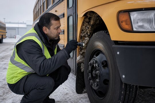 South Asian driver checking snow around a wheel during a school bus pre-trip inspection
