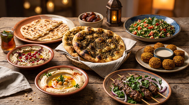 Middle eastern feast featuring zaatar flatbread, hummus, falafel, tabbouleh, and grilled meat skewers on a rustic wooden table