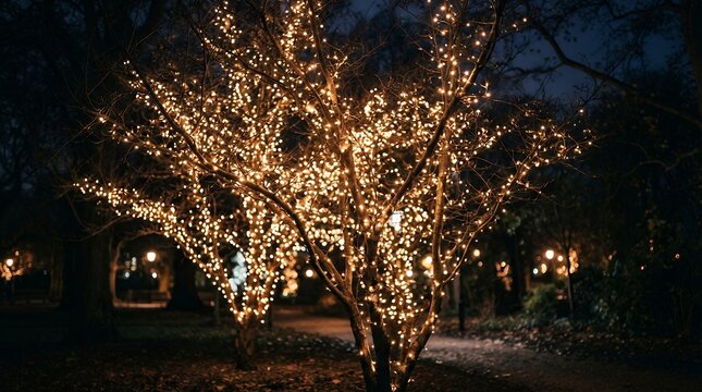 Magical illuminated trees wrapped in golden fairy lights, sparkling holiday string lights decor, night park light installation background
