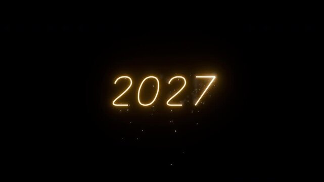 Glowing yellow neon number 2027 on black with small white sparks floating beneath, created as a 3D render