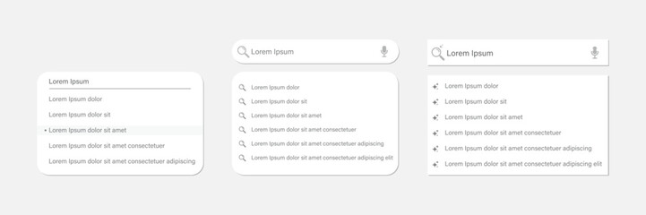 Obraz premium Search Bar with suggestions for UI and UX design and web site.Modern minimalist search bar with drop down suggestions.Search engine web browser window template.vector Illustration