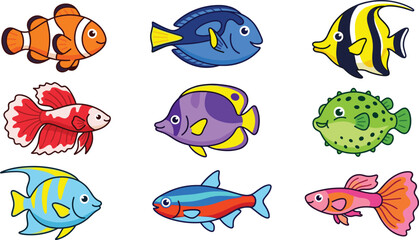 Obraz premium Art & IllustrationColorful Cartoon Tropical Fish Vector Set Featuring Clownfish Tang Guppy Pufferfish and Moorish Idol Icons for Sea Aquarium and Kids Design Projects