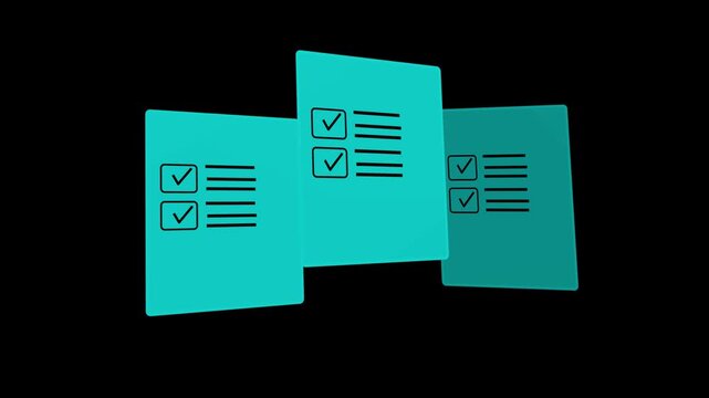 Three checklist task list cards with tick mark boxes and text lines icon for business survey feedback planning and to do list