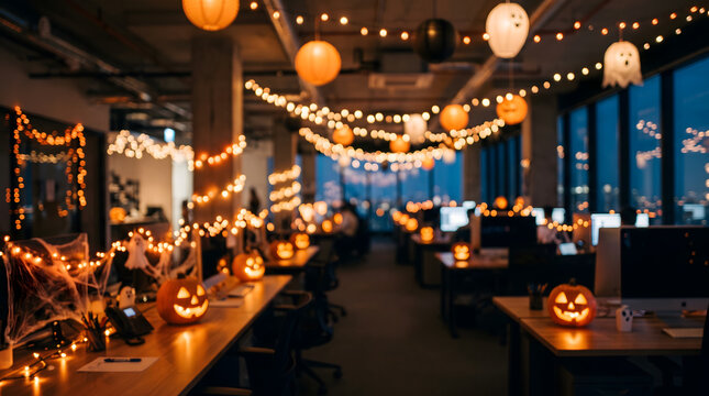 Modern corporate office space decorated for Halloween with glowing jack o lanterns cobwebs and hanging string lights over empty computer desks