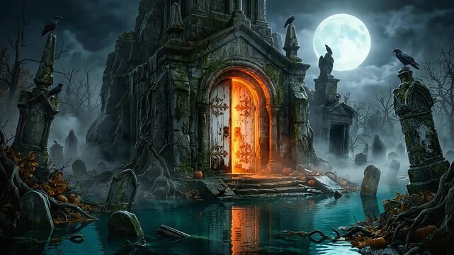 Spooky graveyard with glowing ancient crypt door under full moon light in mysterious dark Halloween digital video footage