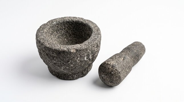 Stone mortar and pestle set for grinding spices isolated on a clean white background