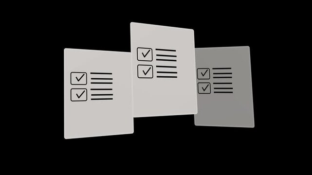 Three checklist task list cards with tick mark boxes and text lines icon for business survey feedback planning and to do list