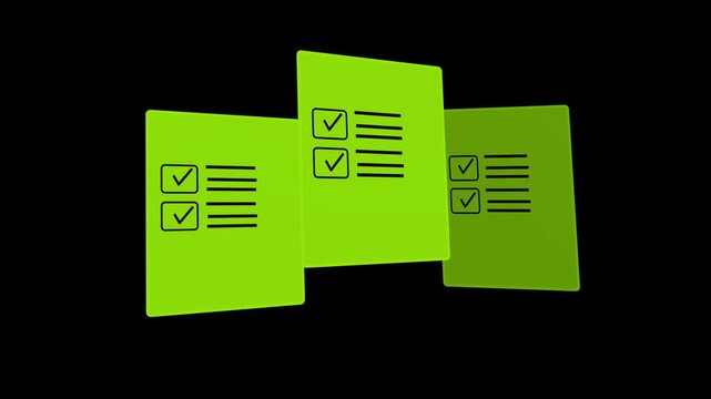 Three checklist task list cards with tick mark boxes and text lines icon for business survey feedback planning and to do list