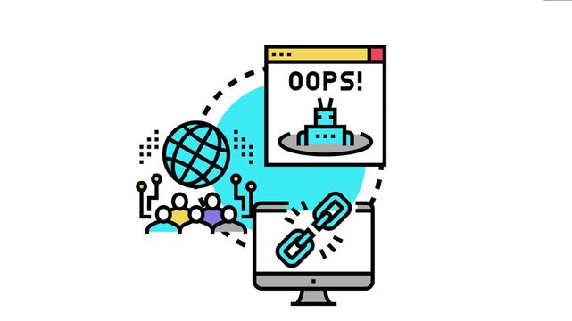 Network failure troubleshooting showing a broken link, an oops. Error message, people connected to a global network, and a broken robot, symbolizing system problems and data loss