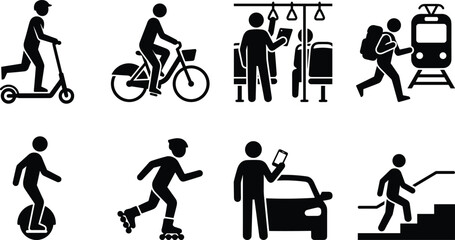 Black Stick Figure Silhouette Icons of Urban Mobility and Various City Commuter Transportation Methods © Designer Arif