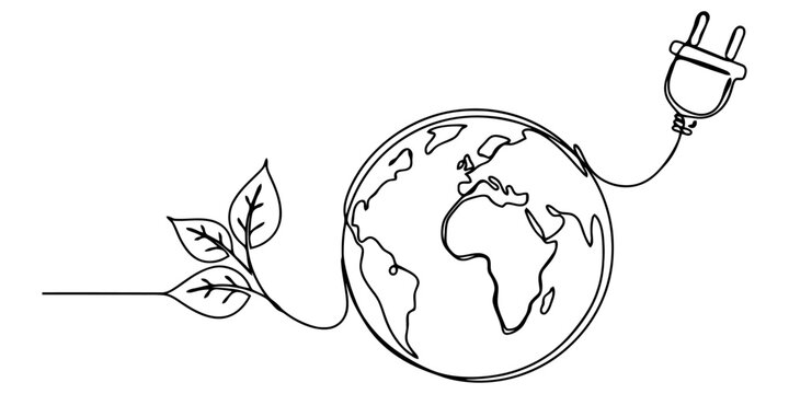 Continuous line drawing earth globe with green leaves and electrical plug concept for renewable clean energy production.