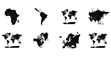 World Map Collection, Black Continent Silhouettes with Country Borders Isolated on White for Geography Travel and Educational Design © FocusNest