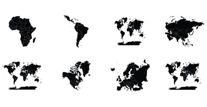 World Map Collection, Black Continent Silhouettes with Country Borders Isolated on White for Geography Travel and Educational Design
