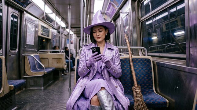 Woman in a lavender witch outfit checks her phone on a subway train, with a broom beside her on the seat