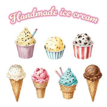 Delicate hand drawn ice cream scoop collection with Handmade Artisan logo label, isolated objects