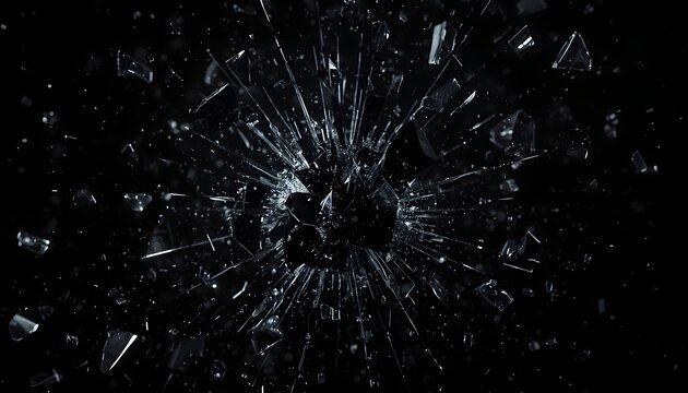 Cinematic hyper-detailed abstract background of dark shattered glass exploding with silver light reflections