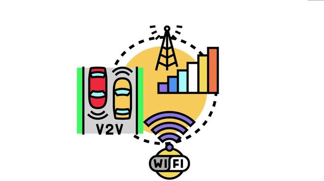 Autonomous vehicles on a road exchanging data via v2v technology and connecting to broader communication networks through cell tower signals and wifi for intelligent future transportation infrastructu