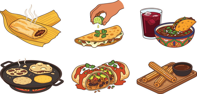 Traditional Mexican Food and Dessert Cuisine Vector Icon Set Featuring Hot Tamales, Cheesy Quesadilla, Birria Tacos, Gorditas on Grill, Burrito, and Churros for Restaurant Menu Designs