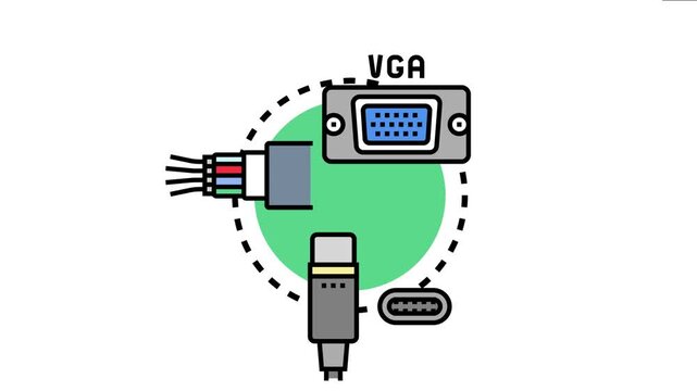 Network cable port type connections concept is various computer and video interfaces. Including vga. And modern usb c alongside an exposed ethernet cable