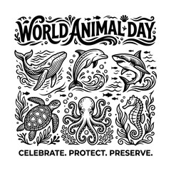 Fototapeta premium World Animal Day typography with hand drawn ocean marine life illustrations