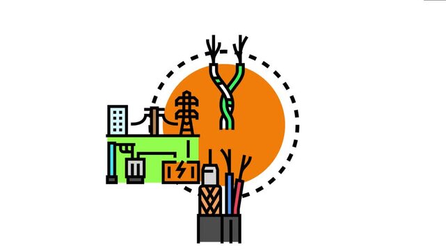 Vector depicting various network cable connection types, electrical power lines, energy transmission towers, and infrastructure for modern data and power transfer