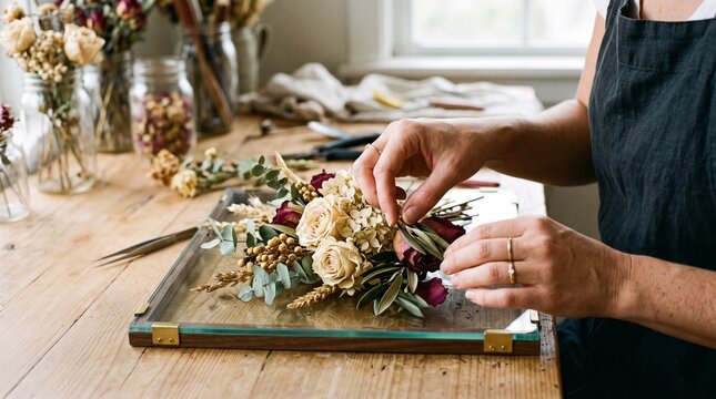 Young woman arranging dried flowers on a wooden table in a workshop  