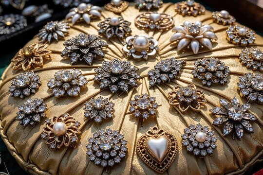 Vintage brooches, antique jewelry displayed on golden cushion. Collection of rhinestone pins, pearl accessories, crystal flower brooches at flea market. Retro fashion items for sale, classic elegant