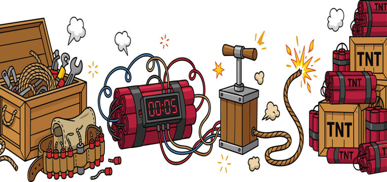 Explosive Dynamite and TNT Weapon Scene Vector Illustration Featuring Time Bomb, Detonator Plunger, Tool Box, Ammo Belt, and Burning Fuse Elements for Video Game UI Backgrounds