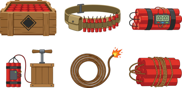 Explosive Dynamite and TNT Vector Icon Set Featuring Crate of Explosives, Ammo Belt, Time Bomb, Detonator Plunger, and Burning Fuse Cord Illustrations for Game UI Designs
