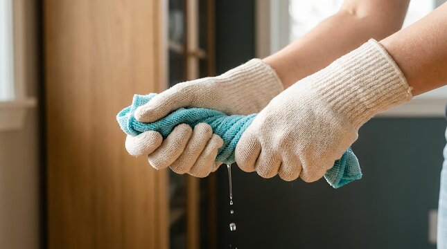 Hands wringing out wet microfiber cloth with water dripping, household cleaning gloves, domestic housekeeping chore concept