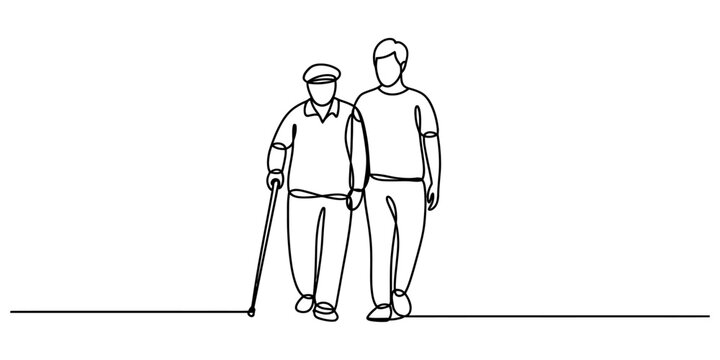 Continuous line drawing of young caregiver helping elderly man walking with cane for retirement support and social assistance.