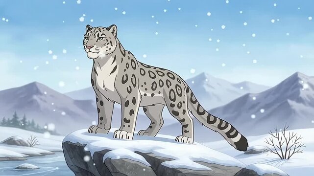 Snow leopard standing on a snowy mountain peak in winter landscape