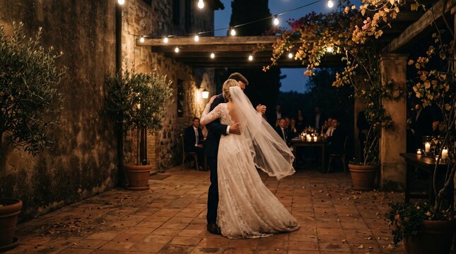 Bride and groom dancing romantically under string lights at night  