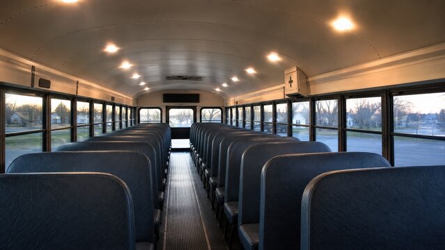School bus pre-trip inspection clear aisle inside an empty morning-route vehicle