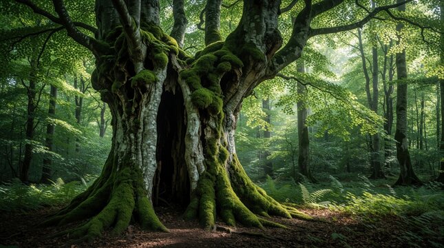 Ancient beech tree with mossy bark, hollow trunk in green forest. Large wooden roots spread on soil. Sunlight filters through deciduous leaves. Natural woodland landscape with ferns, wild plants.