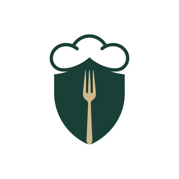 Minimalist logo featuring a chef hat and fork inside a shield shape