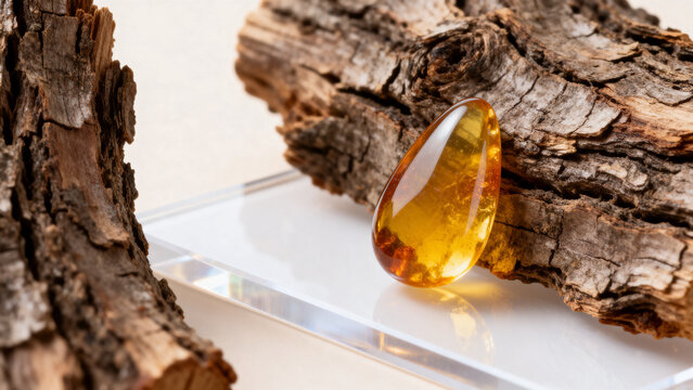 Golden copal resin drop on tree bark against white surface.