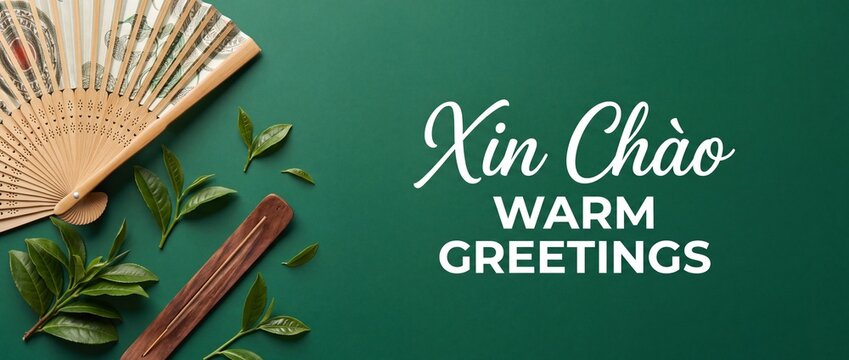 Xin chao Vietnamese greeting banner with wooden fan, incense stick, and fresh green tea leaves on dark green background for Vietnam travel, hospitality, warm welcome concept, and copy space.