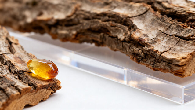 Golden copal resin drop on tree bark against white surface.