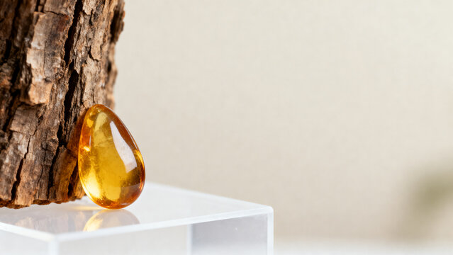 Golden copal resin drop on tree bark against white surface.