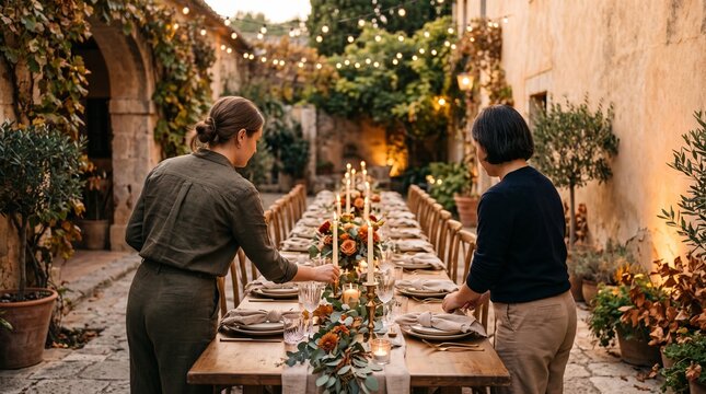 Two women setting a long table for dinner in a garden setting  