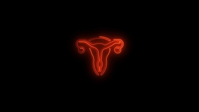 Glowing Neon woman uterus icon. Female reproductive system women uterus ovary icon in black background. Ovary and cervix of womb reproductive health in gynecology medical clinic