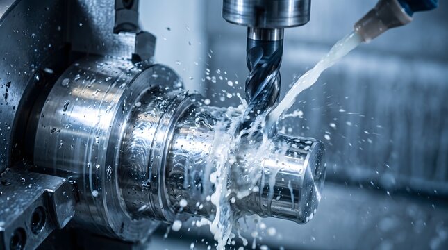 Metalworking drill bits in motion on stainless steel with water splash.
