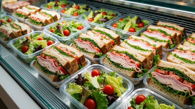 Fresh sandwiches, salads in plastic containers inside refrigerated deli display case. Assorted healthy meals with lettuce, tomato, turkey, cheese. Ready to eat lunch options for quick grab, go snack