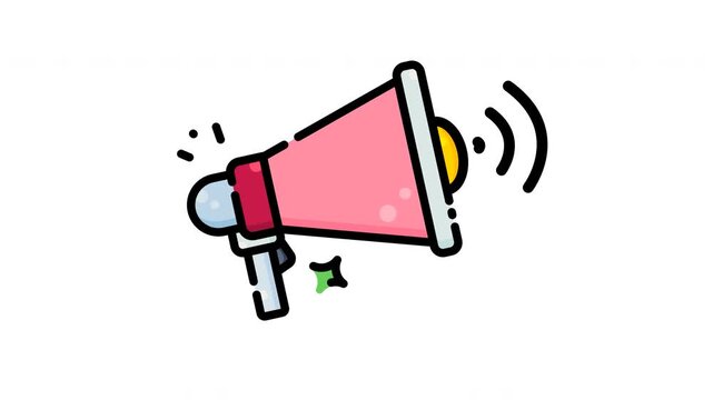 Animated pink and yellow megaphone with loud sound alert icon in a black outline, perfect for graphic designs needing simple flat graphics.